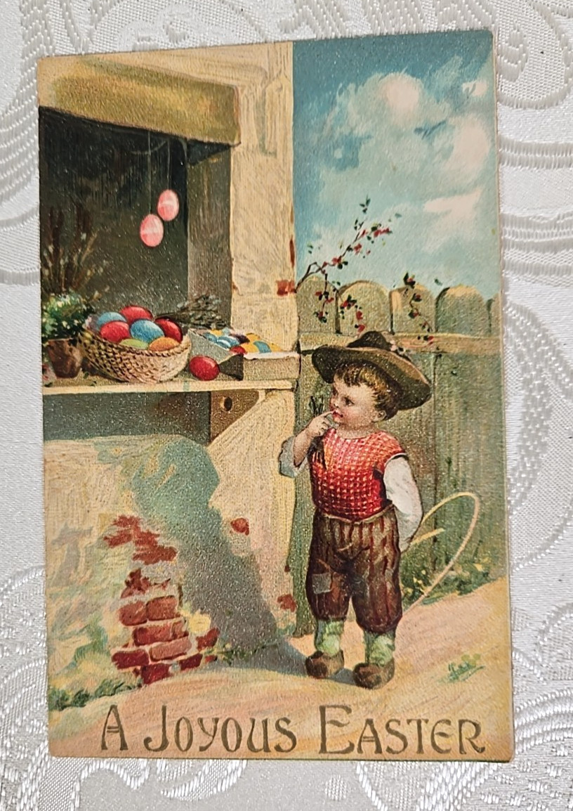 Original vtg postcard A Joyous Easter embossed boy eggs on windowsill Germany