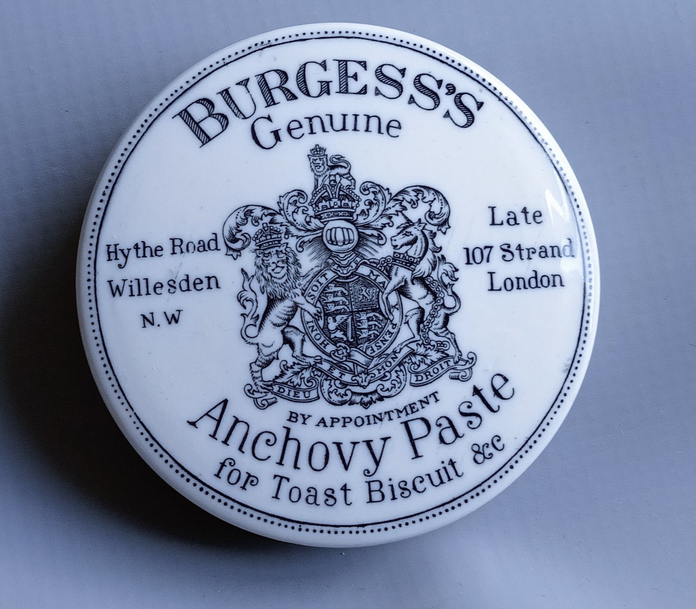 Antique Burgess’s Genuine Anchovy Paste Pot Lid for Toast Biscuit etc Hythe Road Antique Burgess’s Genuine Anchovy Paste Pot Lid for Toast Biscuit etc Hythe Road