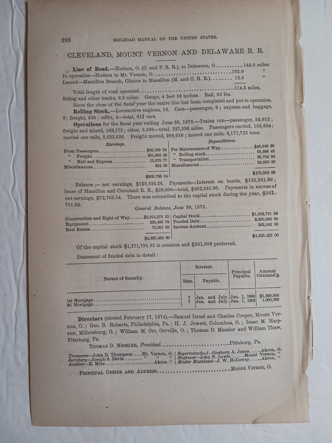 1875 Train Report CLEVELAND MOUNT VERNON & DELAWARE RAILROAD Hudson Clinton Ohio