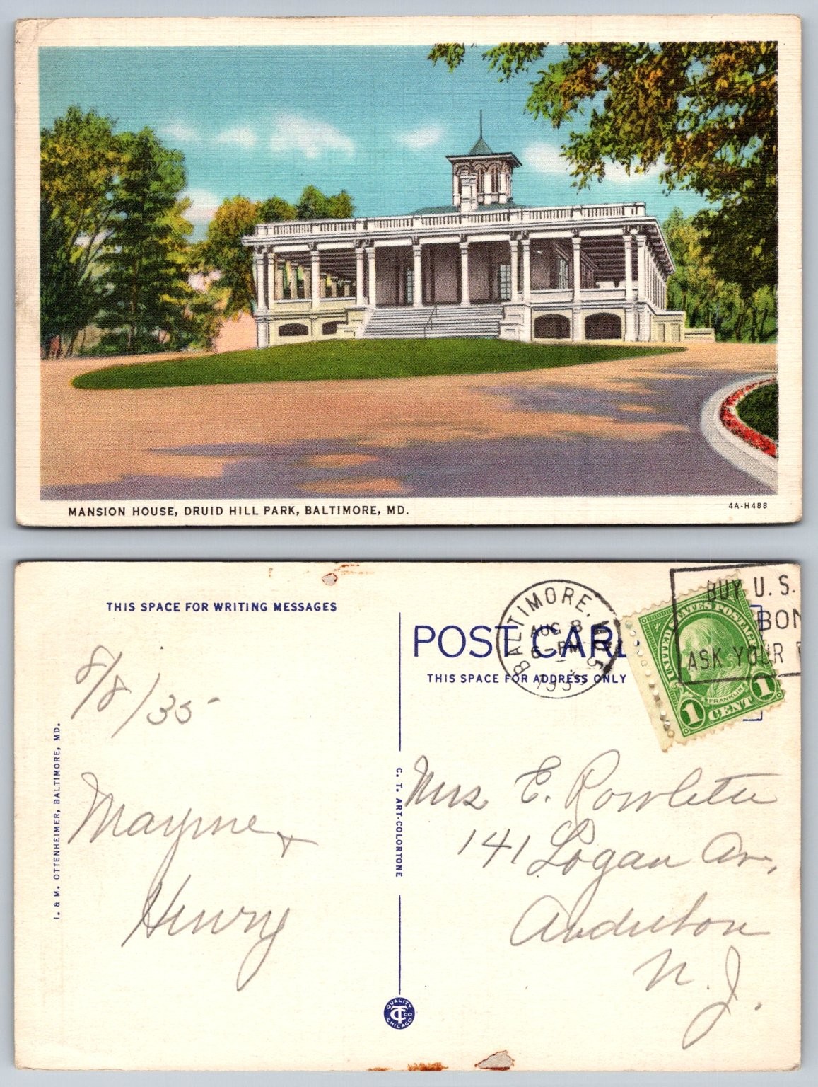 1935 Mansion House Druid Hill Park Baltimore MD Postcard Posted C.T