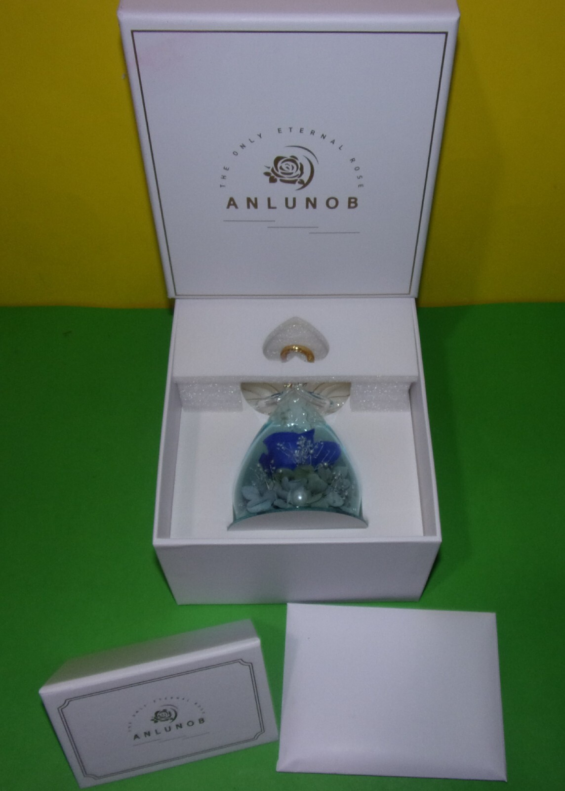 Anlunob The Only Eternal Rose Glass Blue Flower Angel Design Gold Trim Boxed New