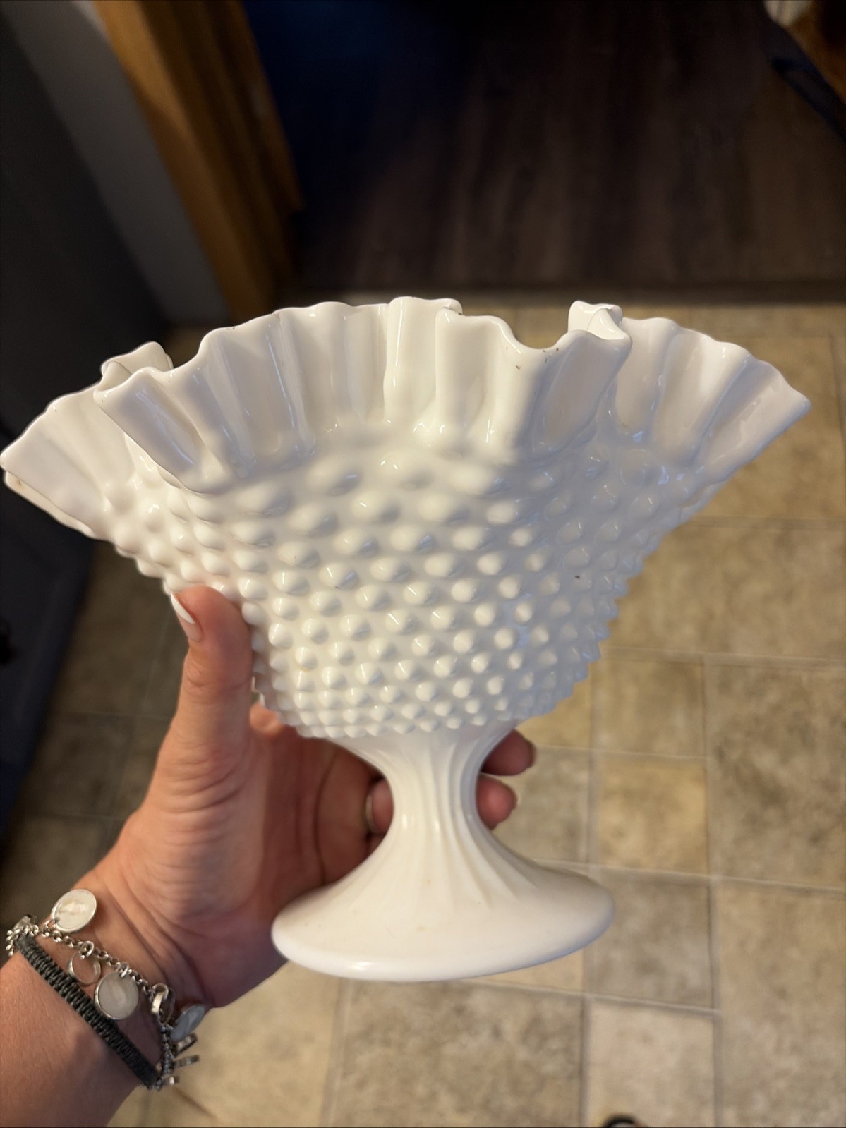 vintage Fenton white milk glass hobnail pedestal compote bowl