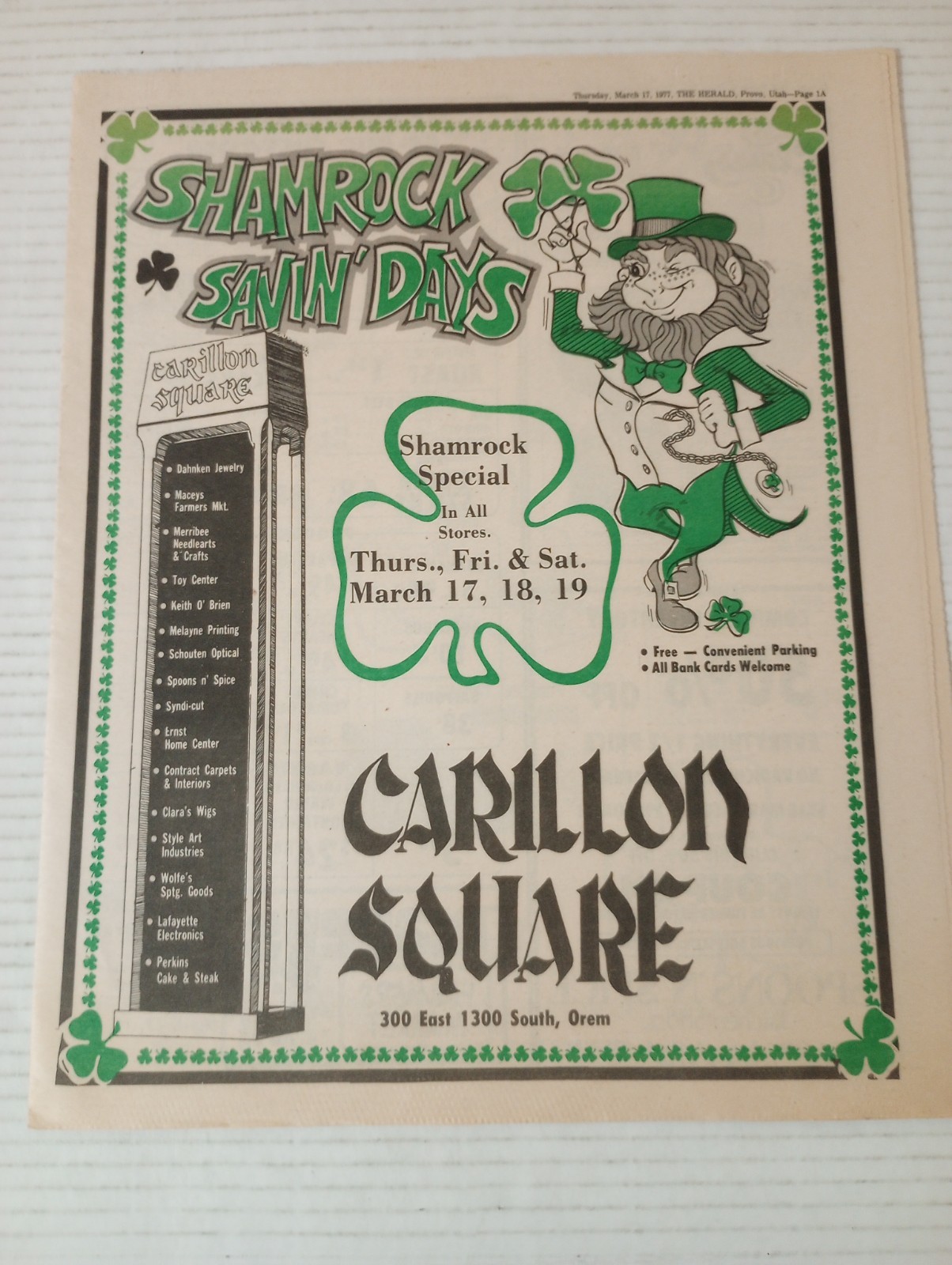 Carillon Square Shamrock Savin\' Days Orem Utah Herald News Ad March 17 1977