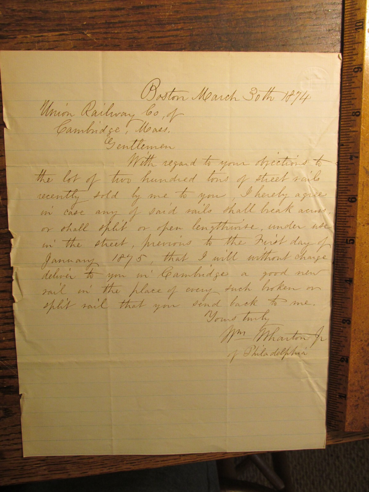 Antique Ephemera 1874 Union Railway Co Cambridge MA Letter Nails Street Rails