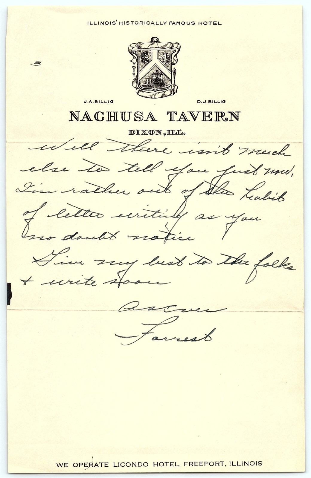 Vintage Nachusa Tavern Letter, Dixon, IL Hotel Billhead