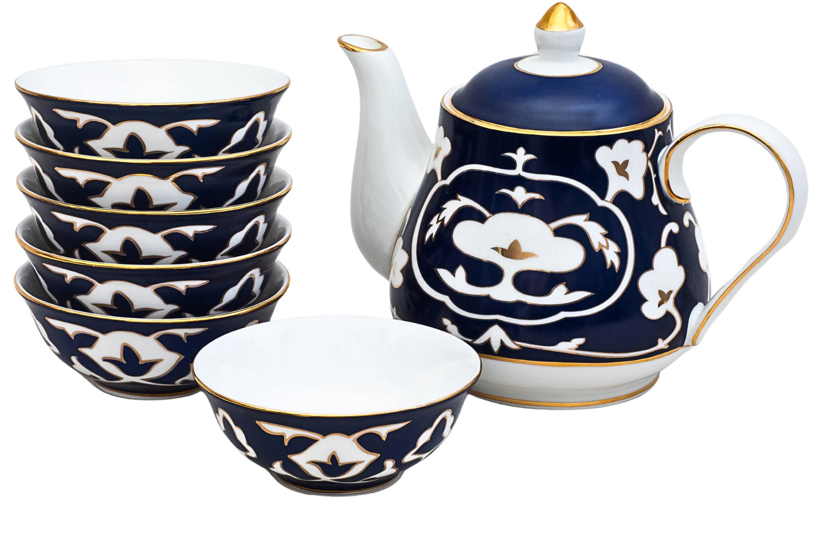 Uzbek Porcelain Tea Set | Cobalt Blue & Gold Pakhta Pattern | 7-Piece Set