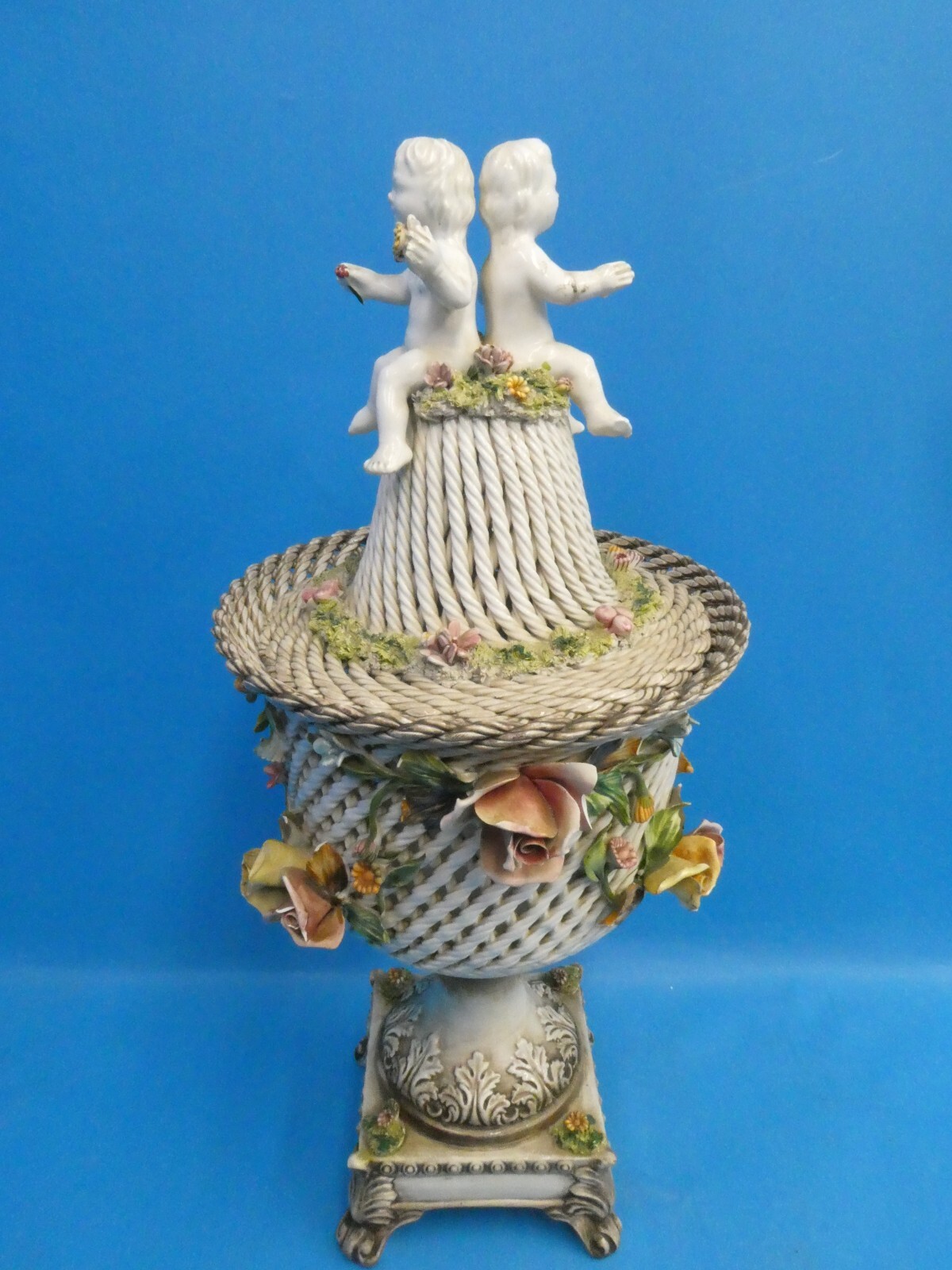 Vintage Bassano Italy Porcelain Cherub Covered Potpourri Jar Basket Weave Floral