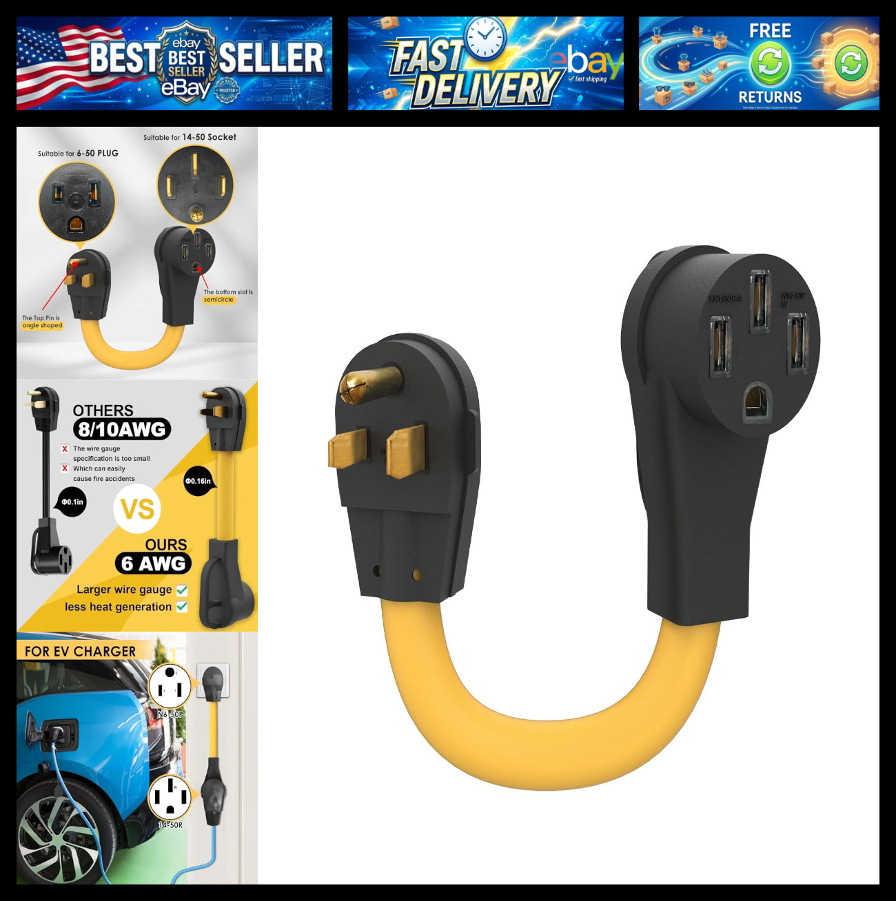 NEMA 6-50P to 14-50R Adapter Cord, 125V/250V 3 Prong Welder Outlet Male Plug to