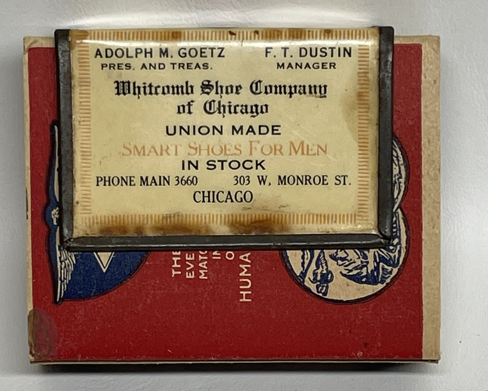 Vtg Advertising Tin Match Box Holder Cover Whitcomb Shoe Co Chicago Goetz Dustin