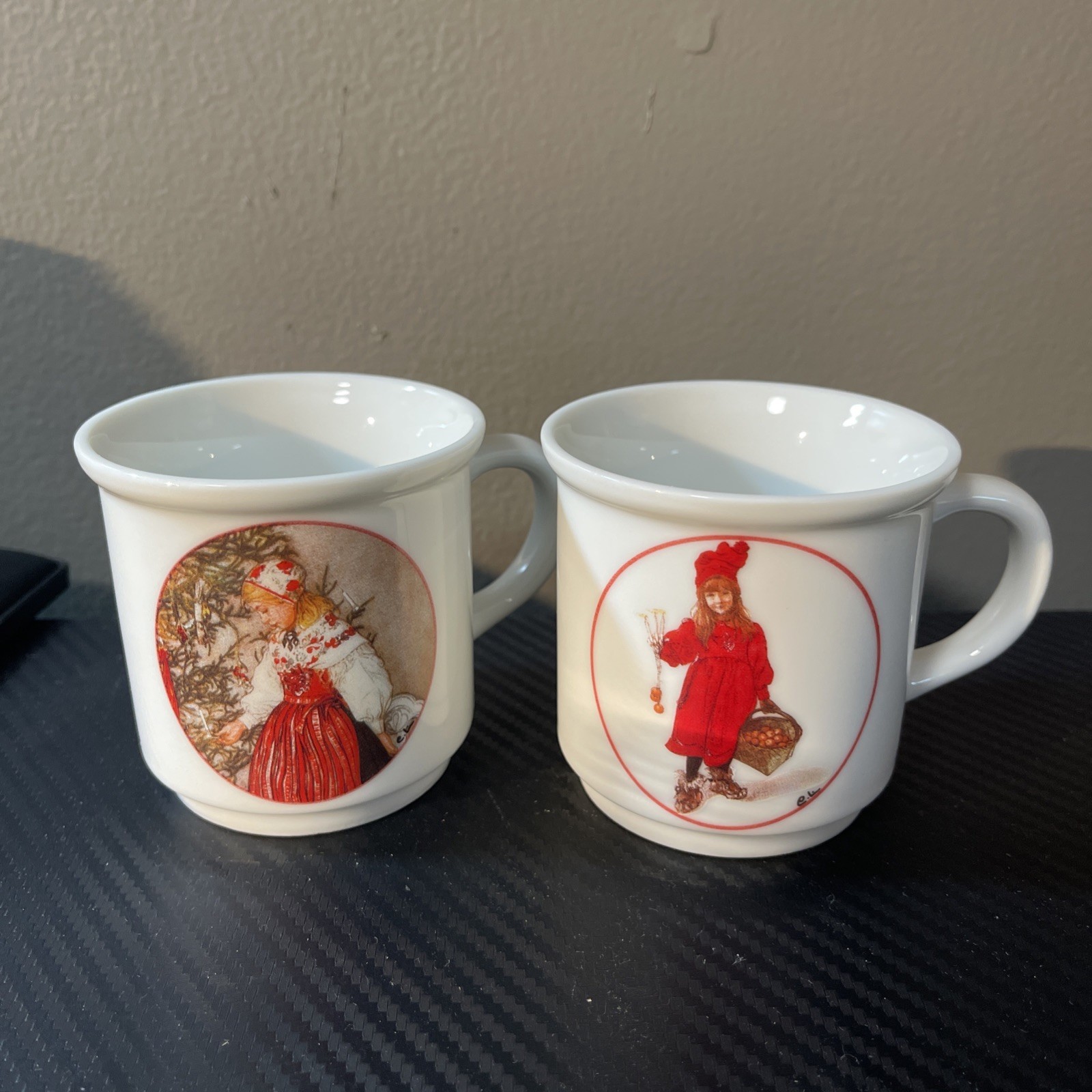 Two Vintage Bergquist Imports Iduna Mini Mug Girl Red Dress Scandinavian 2.75” Two Vintage Bergquist Imports Iduna Mini Mug Girl Red Dress Scandinavian 2.75”