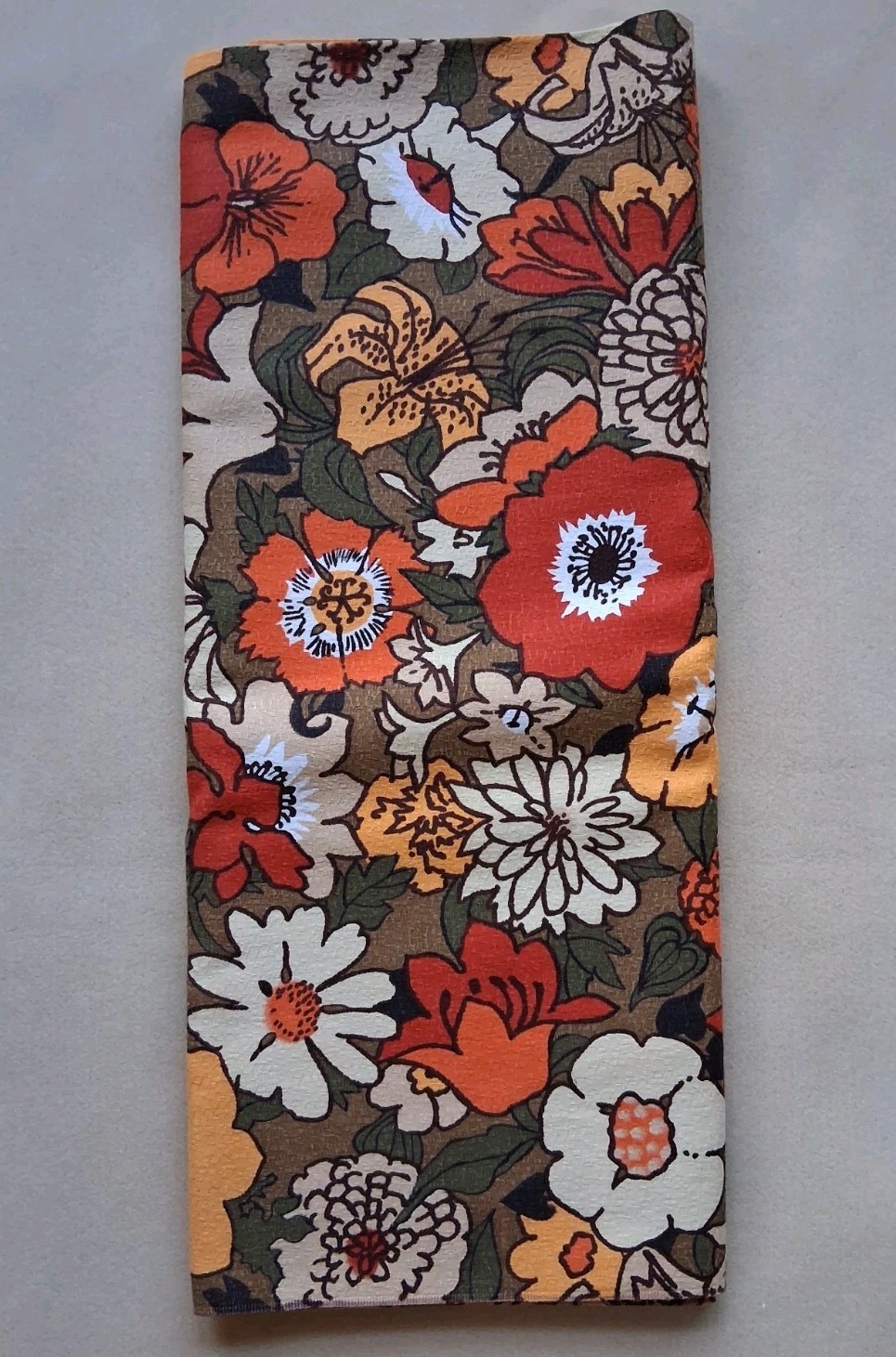 Vintage 1970s Floral Fabric 48 × 112 Inches Earthy Orange Brown Cream Olive 
