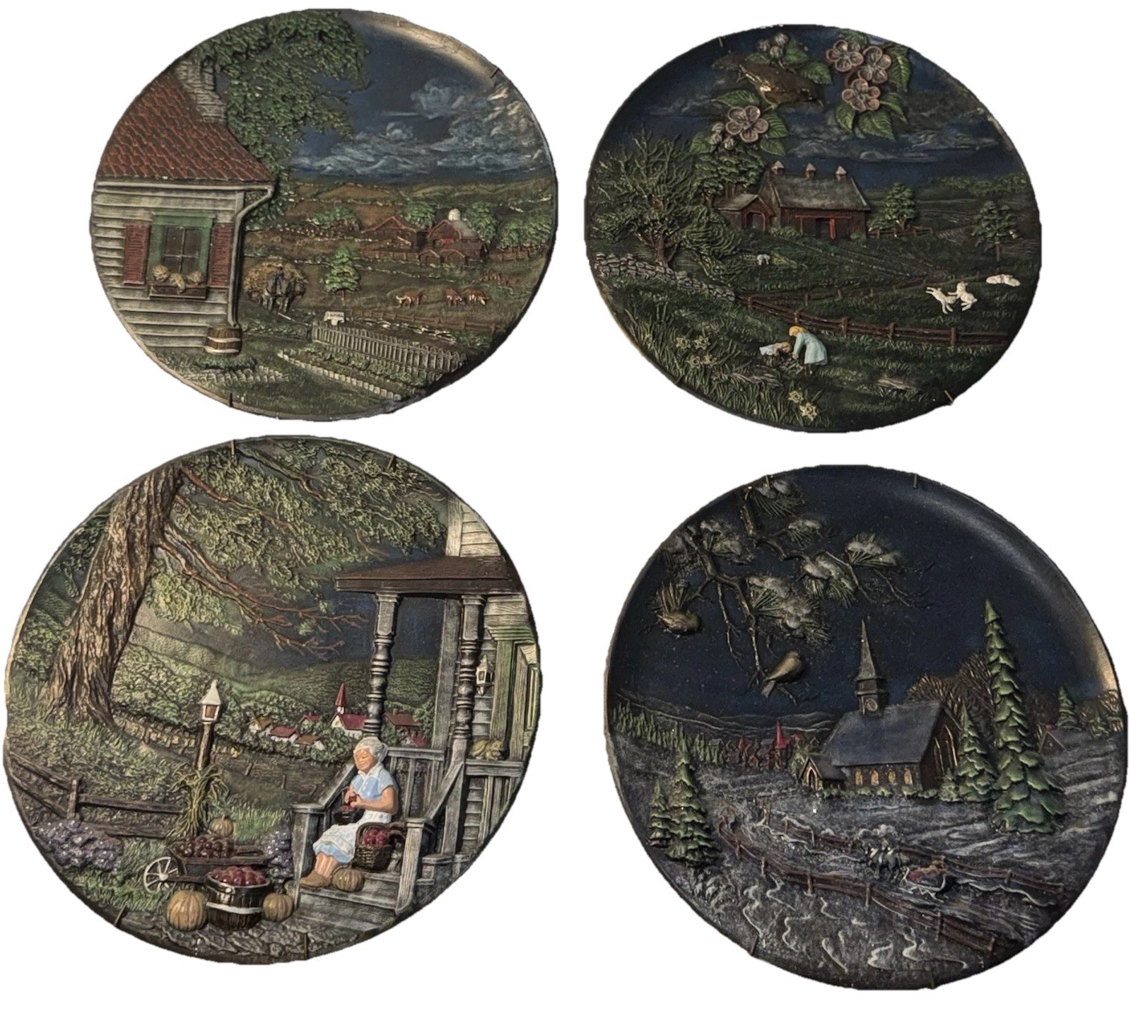 Byron Molds 4 Seasons 3D Plates Hand Painted Set of 4 1980 10 Inch VTG