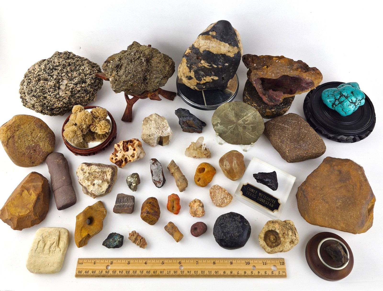 Vintage Rock, Mineral & Fossil, Grinding Stone Collection with Display Stands
