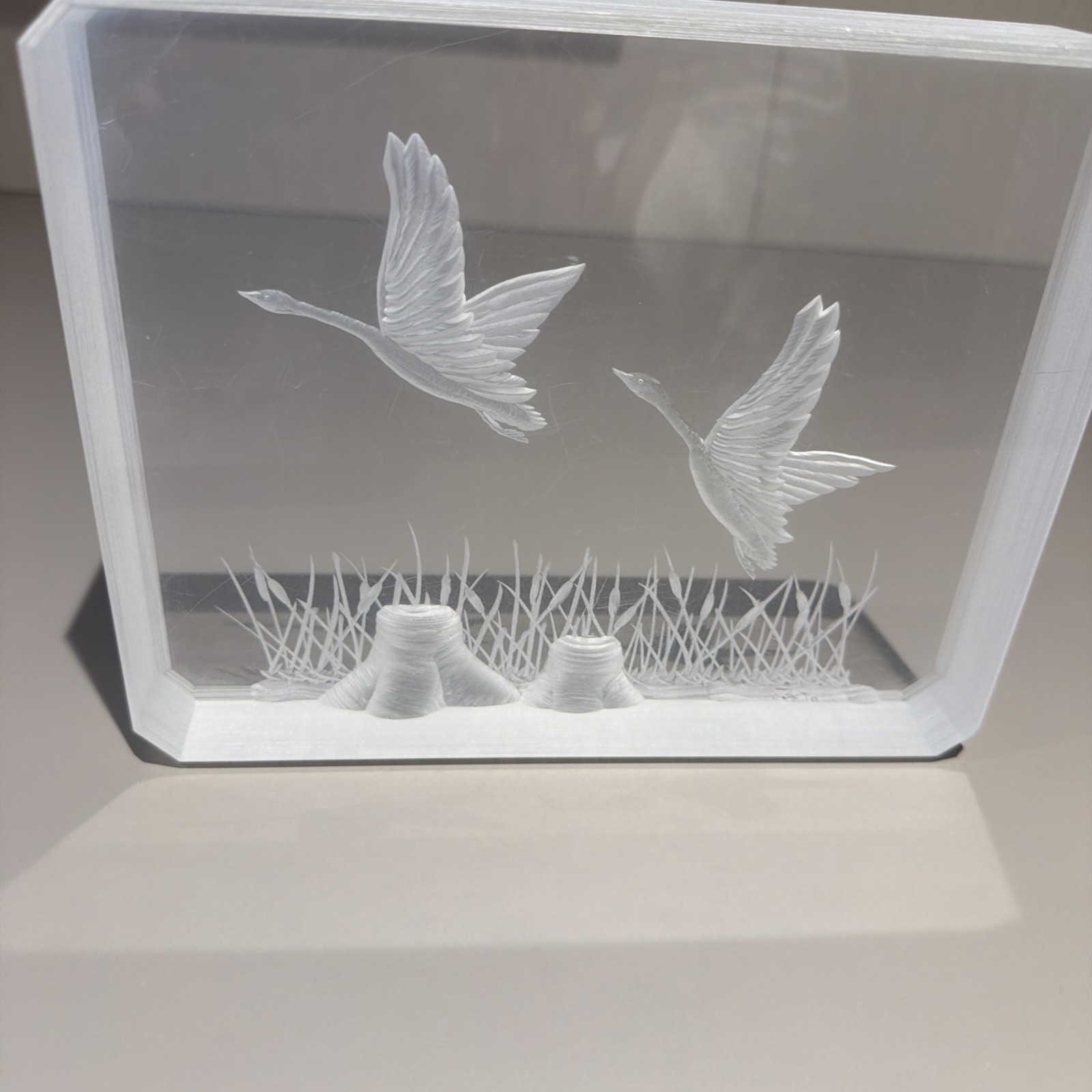VINTAGE 70's THICK LUCITE BLOCK ETCHED BIRD ART