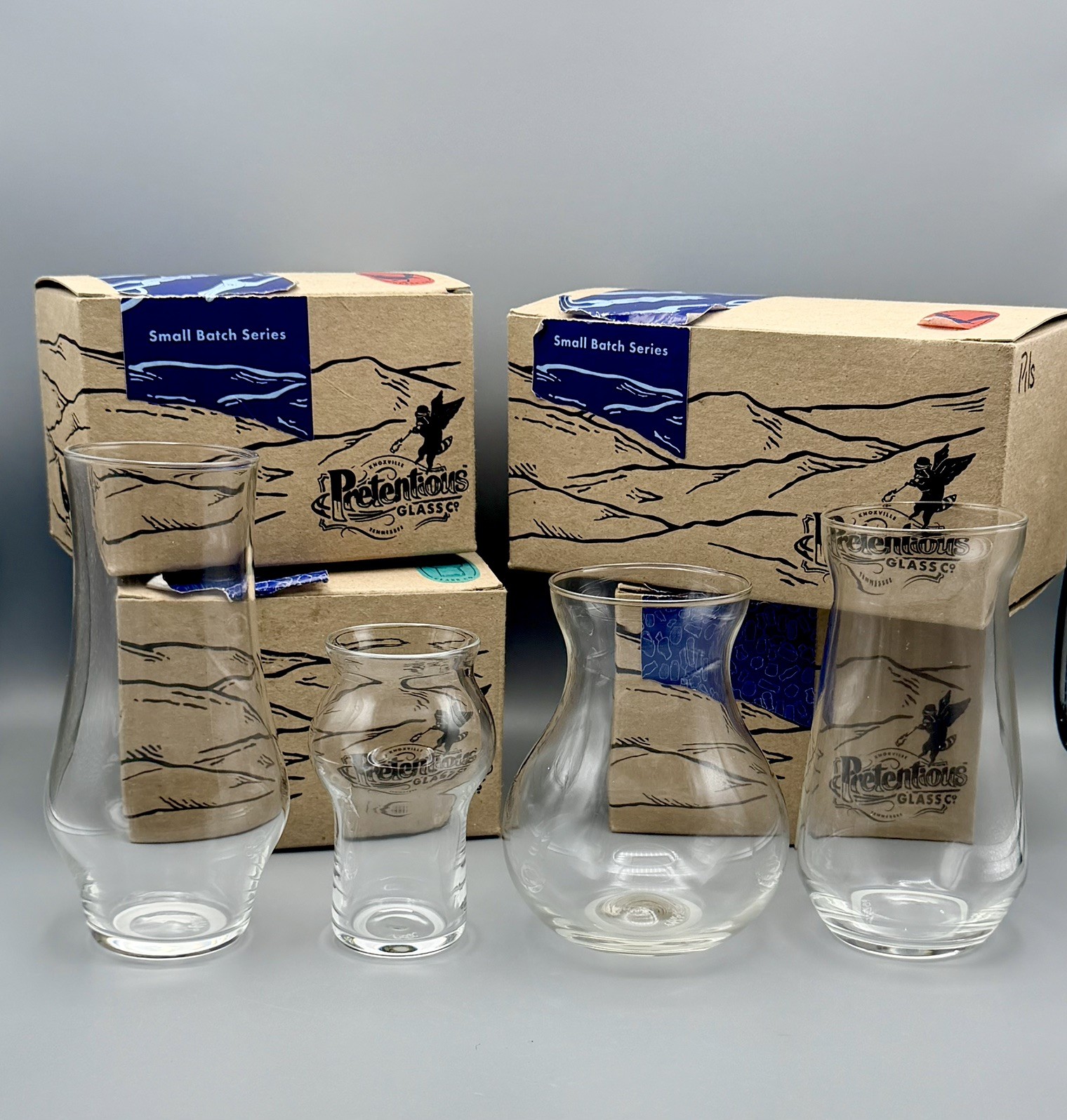 Set of 4 Pretentious Glass Company Hand Blown Clear Glasses NIB Beer Neat 