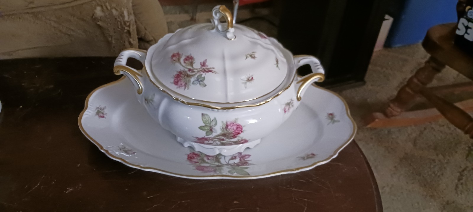 Vintage Edelstein Bavaria Moss Rose Soup Tureen with Matching Underplate Platter