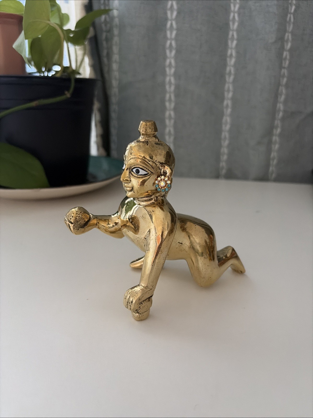 Brass Finish Crawling Baby Krishna (Laddu Gopal) Statue Hindu Idol Murti
