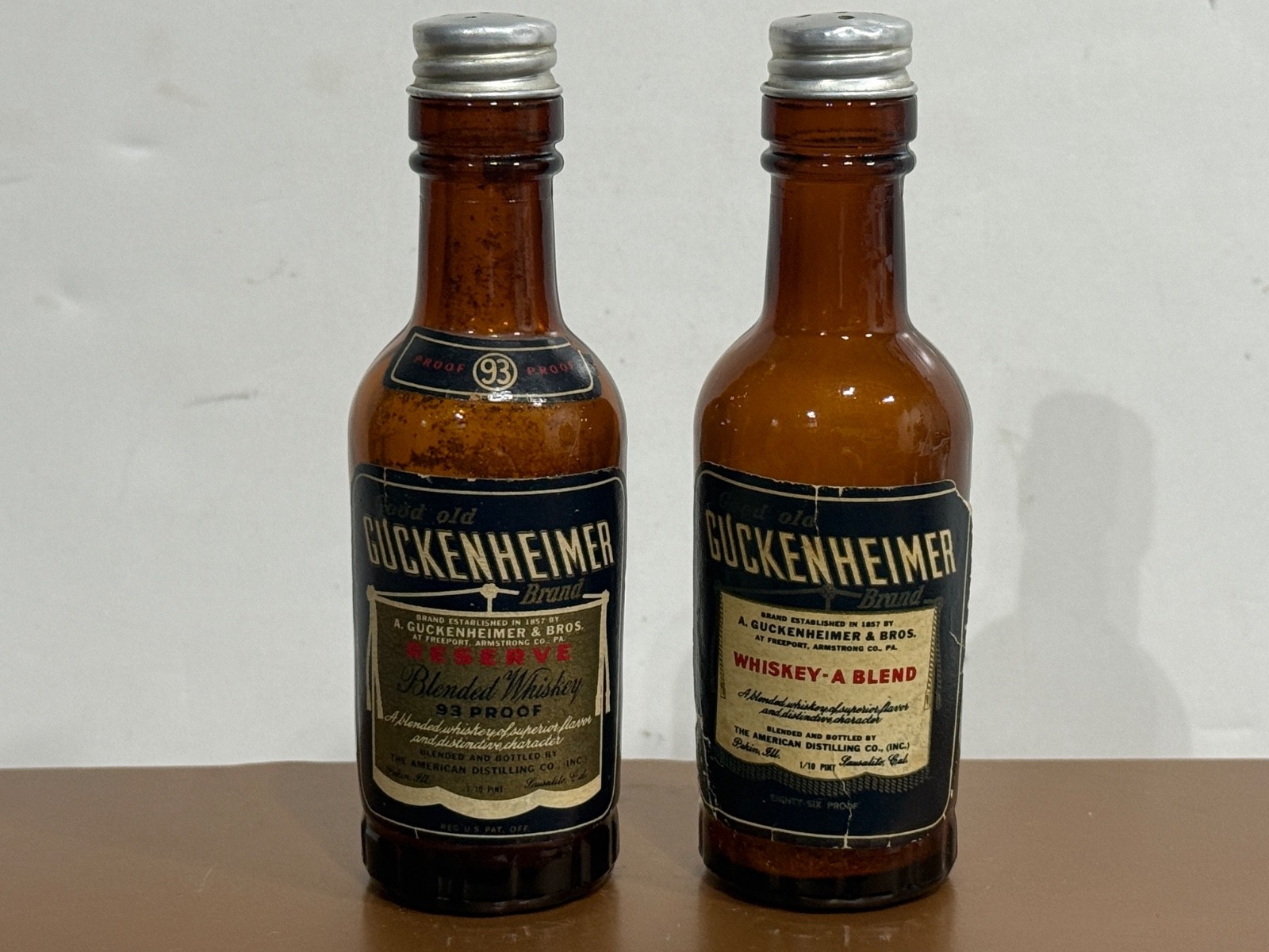 Vintage Guckenheimer Whiskey Bottle Salt & Pepper Shakers Set Mini Barware Amber