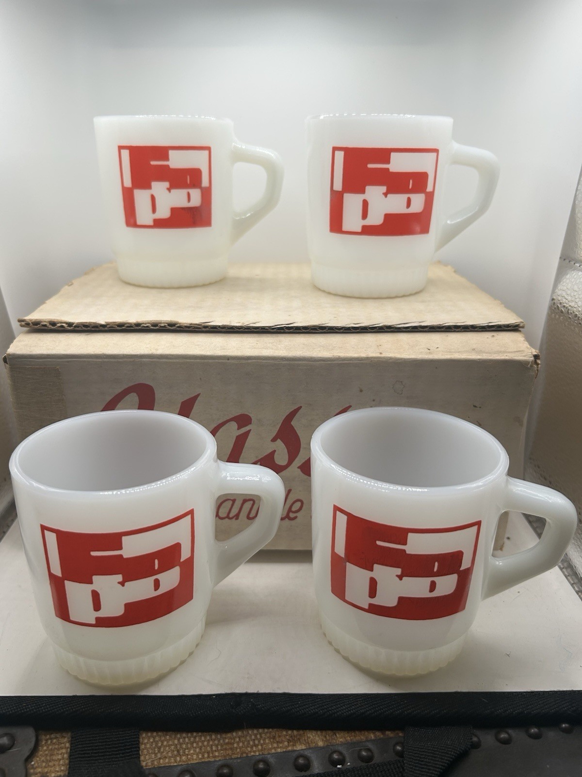 Vtg 1960s Fire King Milk Glass Mugs Fort Payne Bank Shareholder Cup Set 4 Boxed