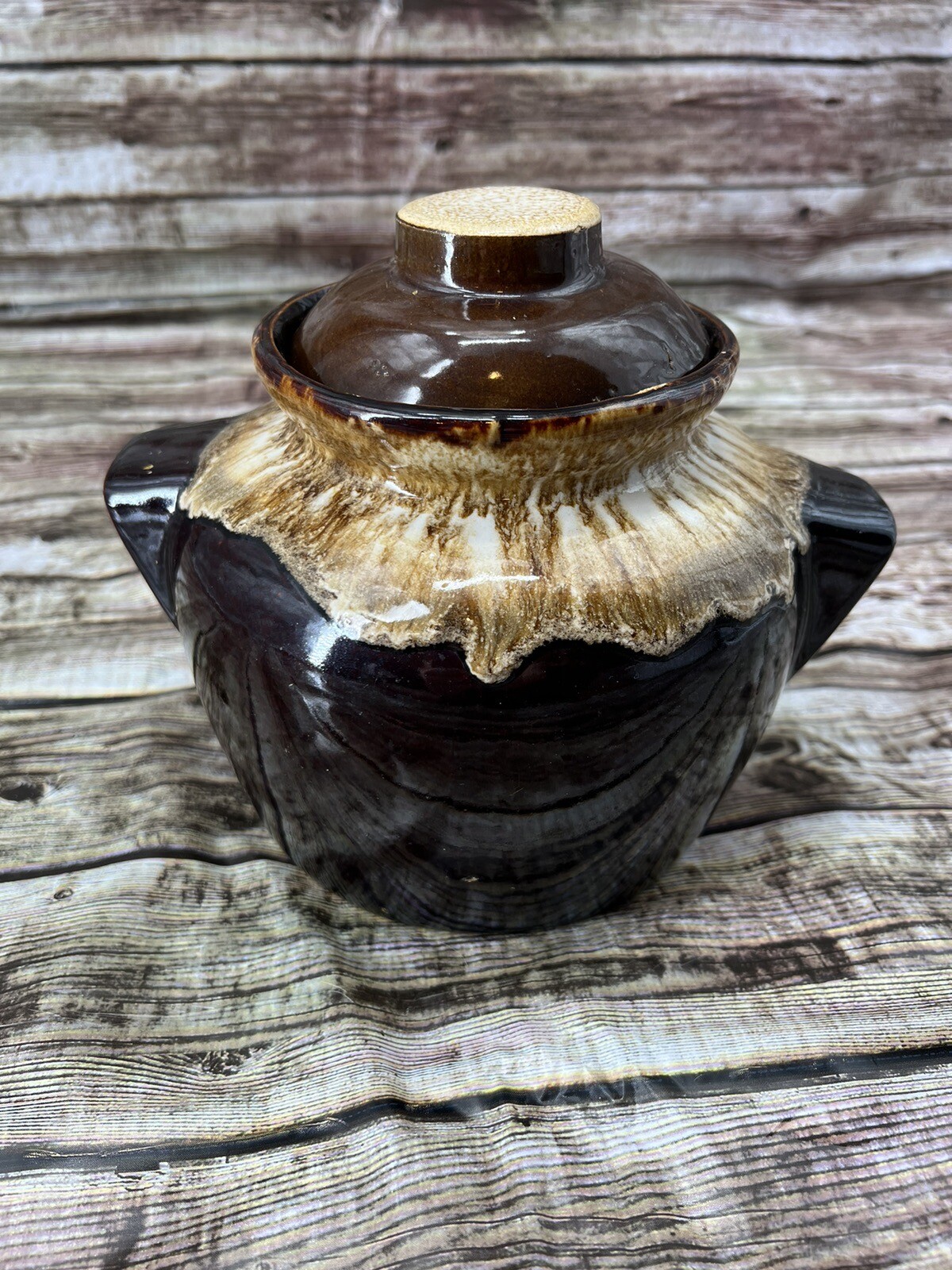 Vintage Brown Drip Glaze Stoneware Bean Pot with Lid 1960s USA 7” Tall