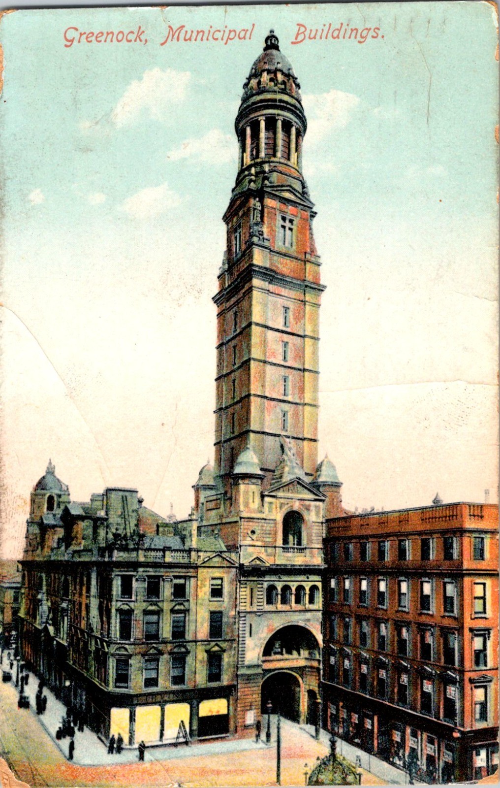 Greenock Scotland Municipal Buildings Tower Printed Postcard Posted 1908