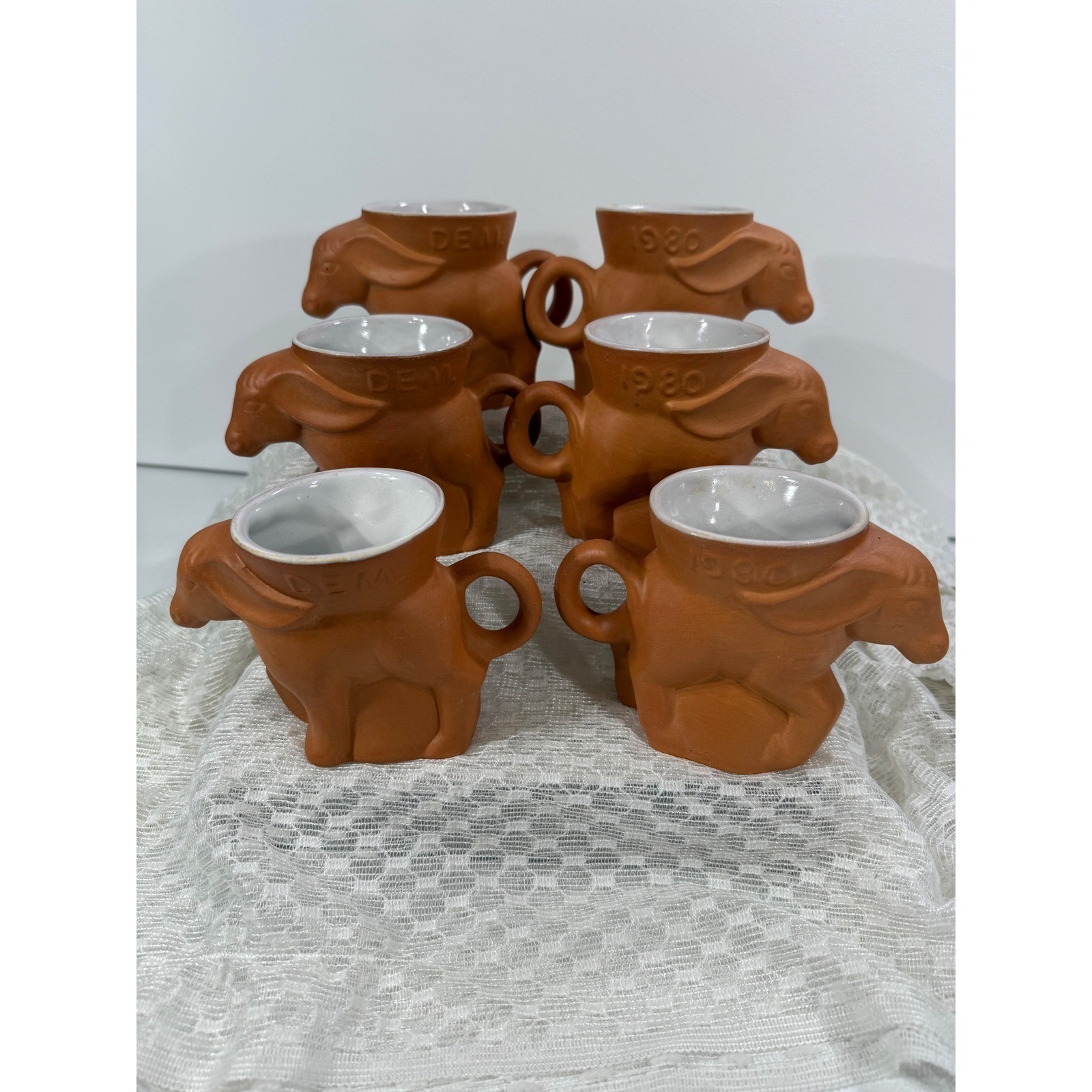 Frankoma Pottery 1980 Democratic Donkey Mugs Set of 6 Terracotta DEM D605-739 Frankoma Pottery 1980 Democratic Donkey Mugs Set of 6 Terracotta DEM D605-739