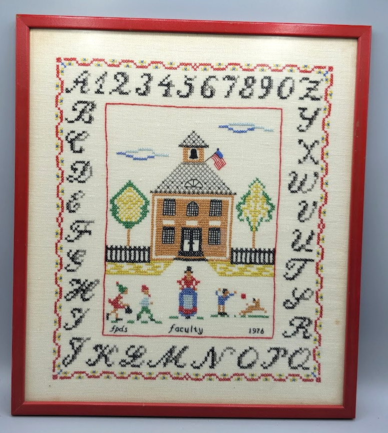 1976 First Presbyterian Day SCHOOL Faculty Finished Cross Stitch Yarn Picture