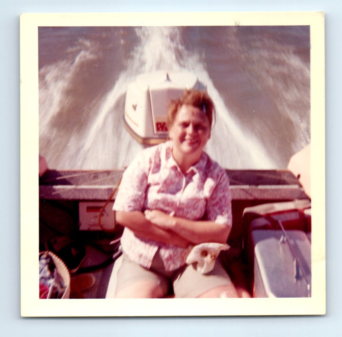 Old Vintage Square Color Photo SOLO WOMAN ABOARD MOTORBOAT BOAT PICTURE