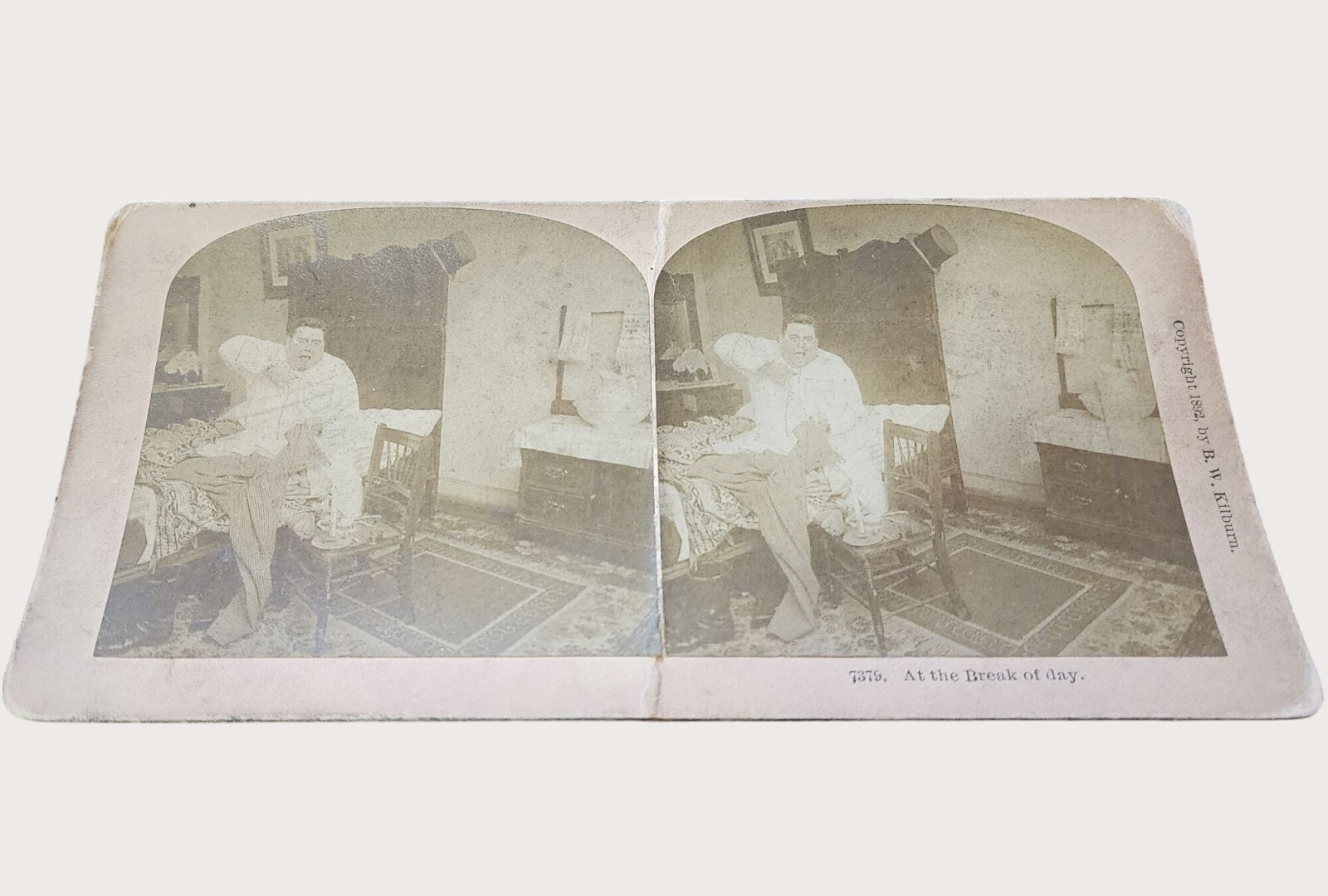 Antique B.W. Kilburn Stereoview 1892 At The Break Of Day Man Getting out of Bed