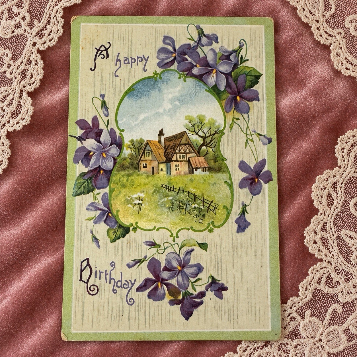 1910 Antique Birthday Postcard Violets Cottage Germany McCook Nebraska