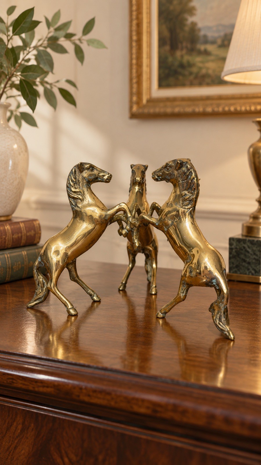 Vintage Solid Brass Three Rearing Horses Sculpture Orb Holder Equestrian Decor
