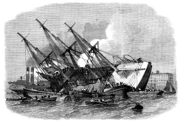 Raising iron ship Ganges sunk in Thames off Shadwell London 1862 T- Old Photo