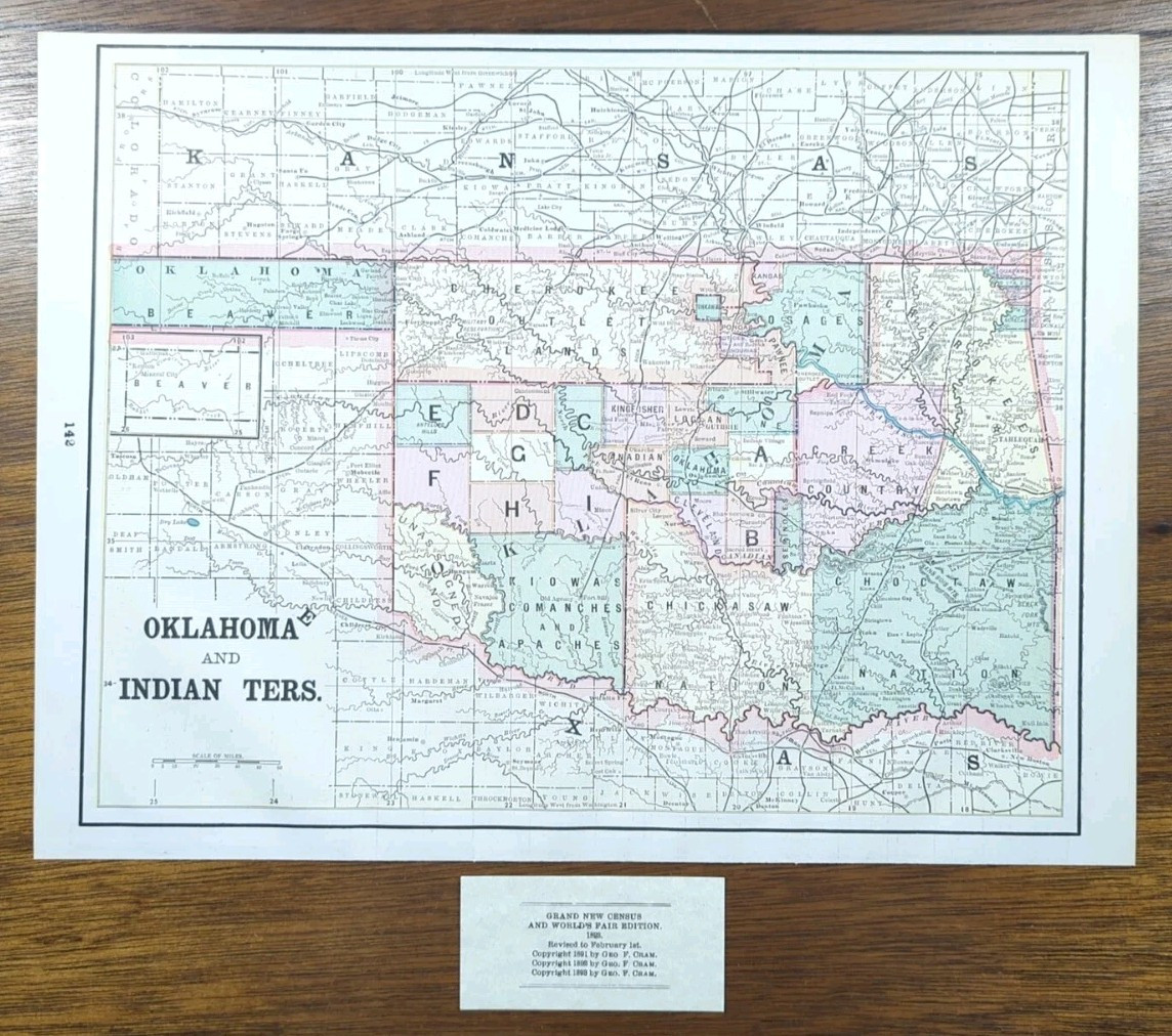 Vintage 1893 OKLAHOMA INDIAN TERRITORY Map 14\