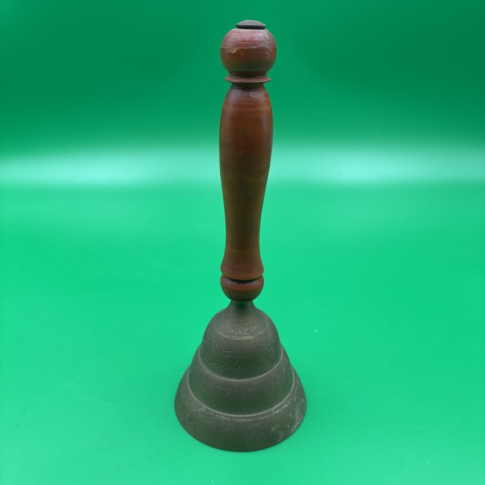 Vintage Etched Brass Hand Bell with Wood Handle. India