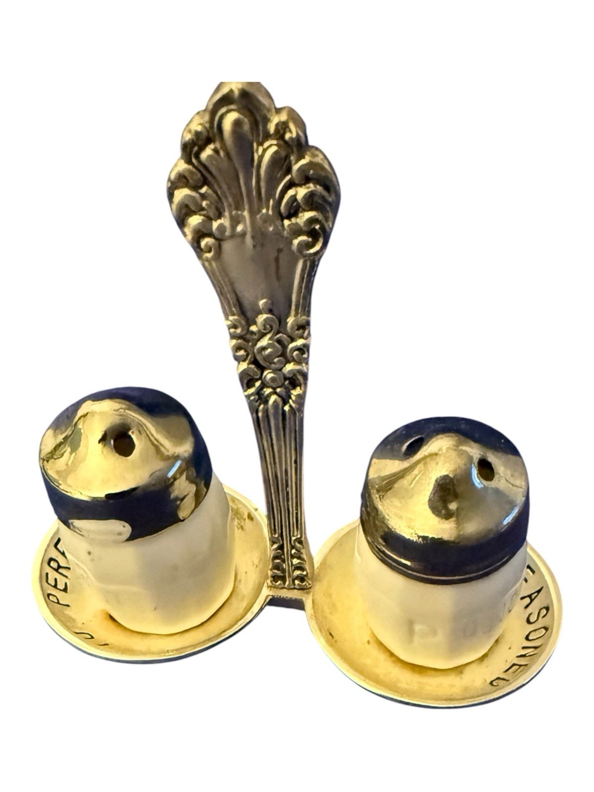 VTG ceramic salt & Pepper mini shaker set Silver plated set cap & maching ornate