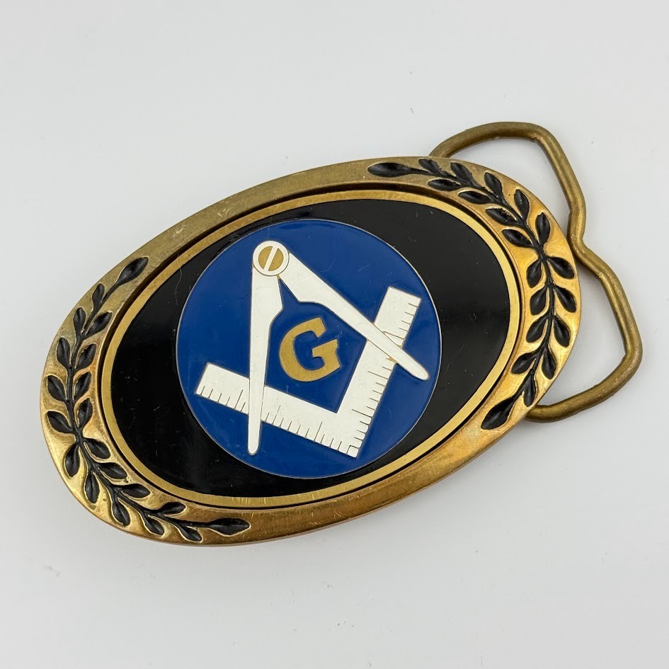 Vtg Heritage Belt Buckle Solid Brass Masonic Freemason Compass Mason Lodge
