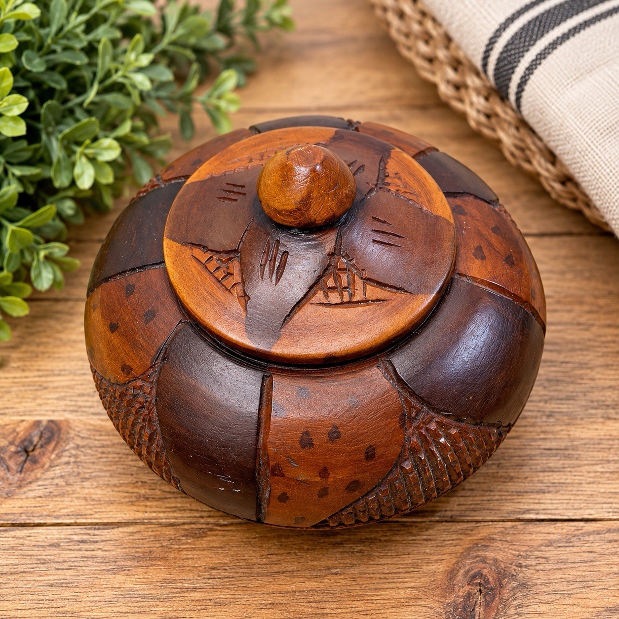 Vintage Hand Carved Wooden Round Trinket Box Lidded Patchwork Folk Art Decor