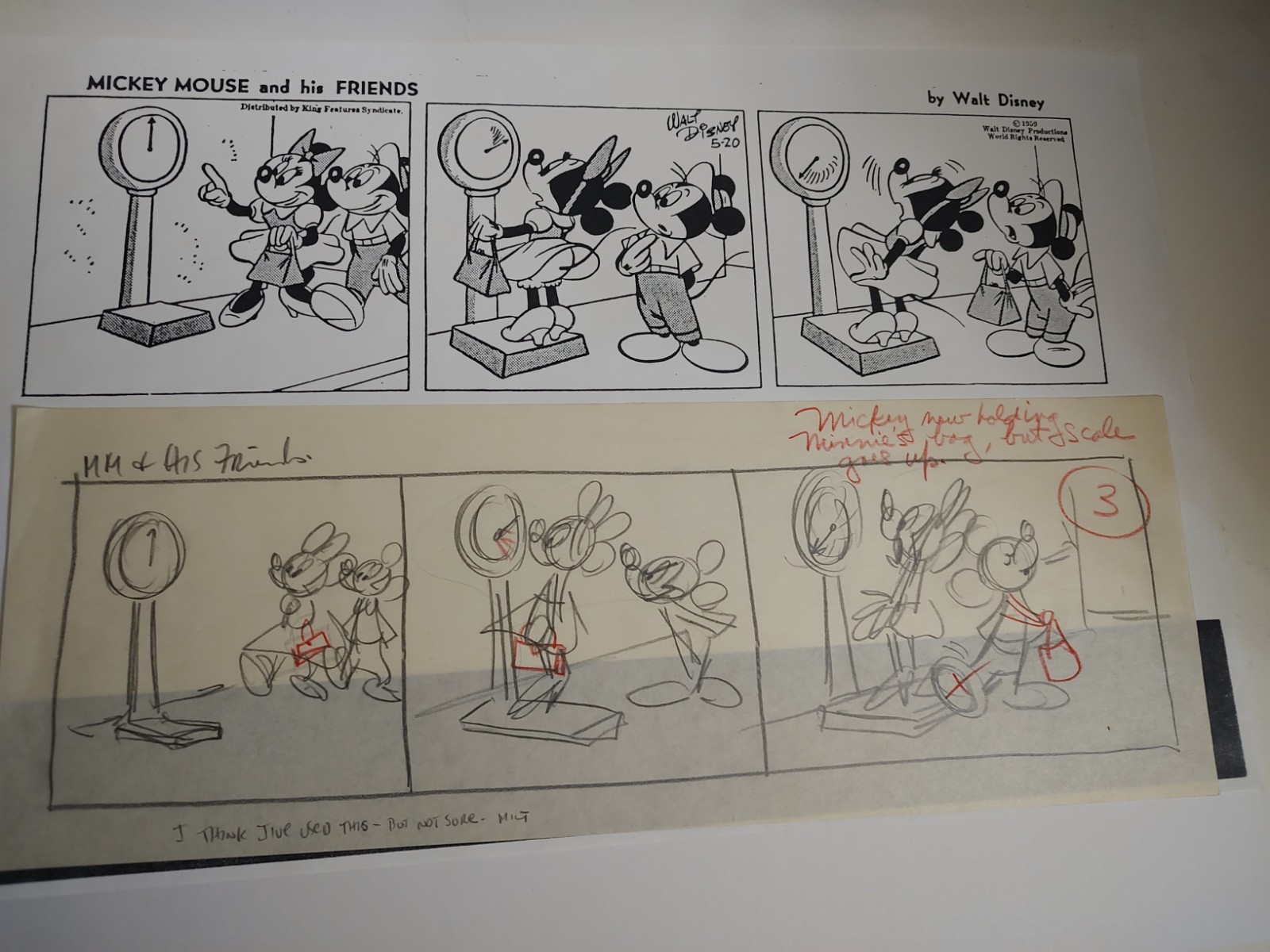 Original Mickey Mouse Comic Strip Drawing 1959 Milt Banta Walt Disney Production