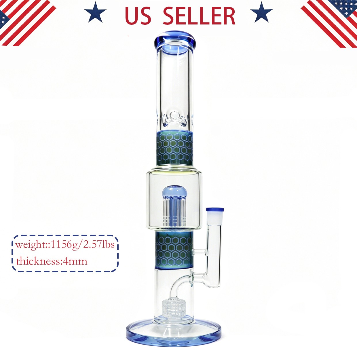 16\'\'(XL)Tall-4mm Thick Glass Bong Water Pipe Smoking Sandblasted Honey comb Bong