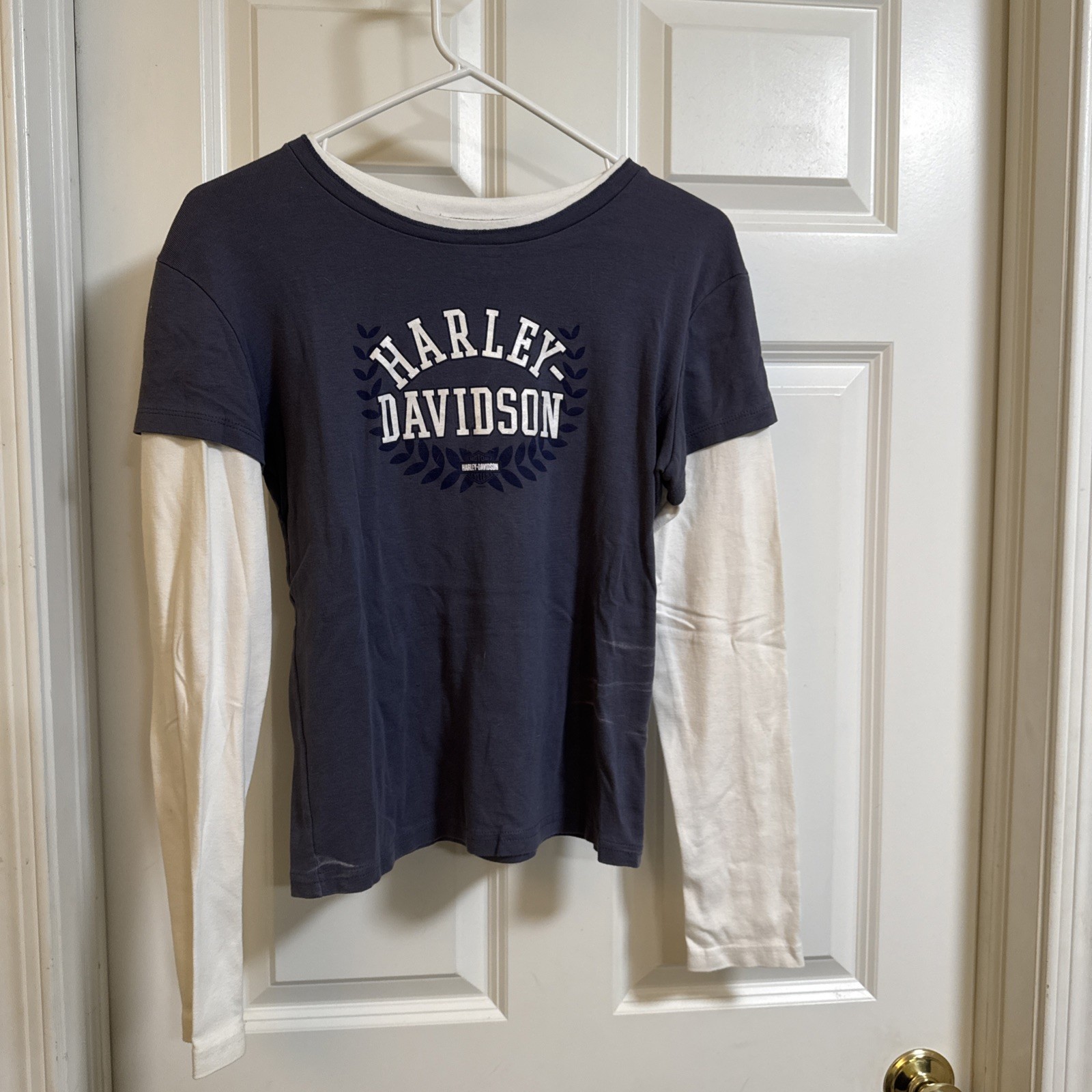 Harley-Davidson Women’s Layered Look T-shirt Blue/white Sz XL Unusual Design