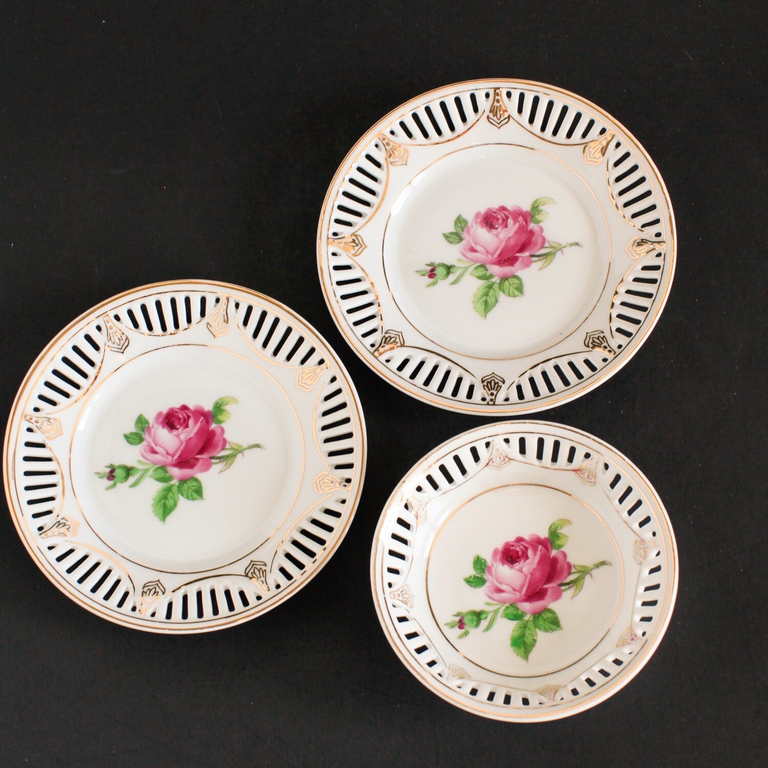 3 Vintage Bavarian Reticulated Porcelain Rose Bone China Trinket Dish And Bowl