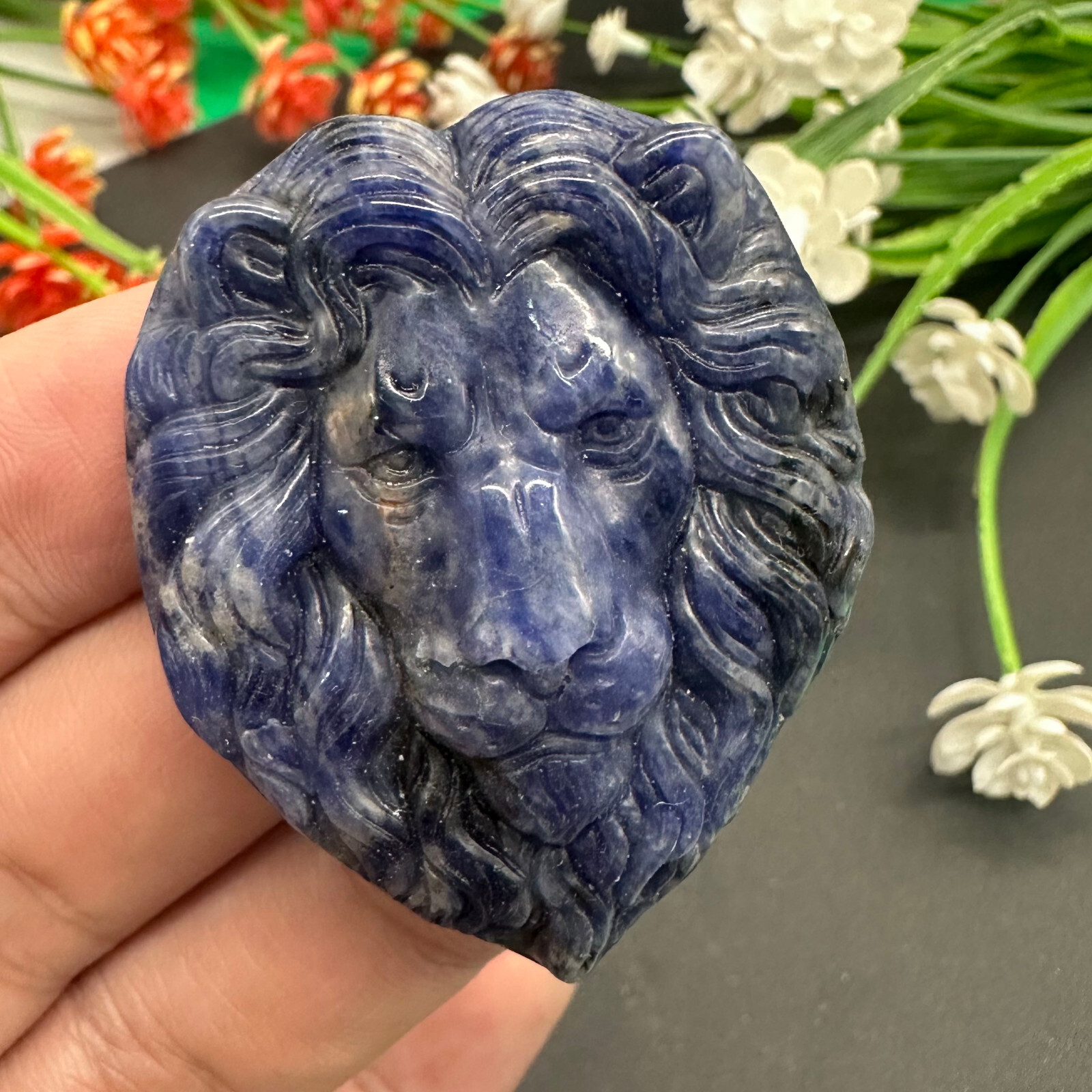 Natural Blue-vein stone Carved Lion Skull Quartz Crystal Specimen Reiki Healing