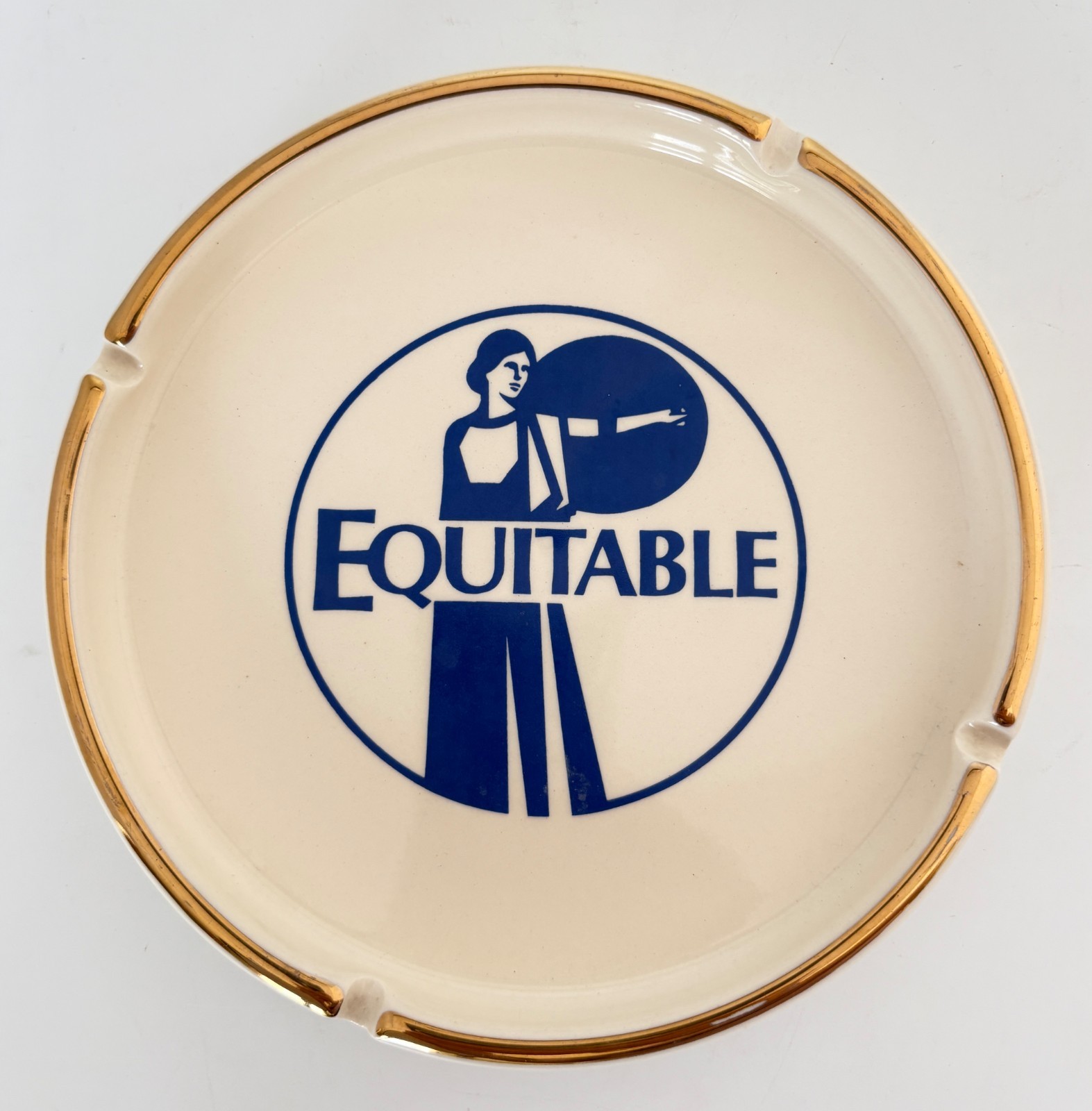Vintage Equitable Insurance Advertising Ashtray Ceramic Blue Gold Trim MCM Vintage Equitable Insurance Advertising Ashtray Ceramic Blue Gold Trim MCM