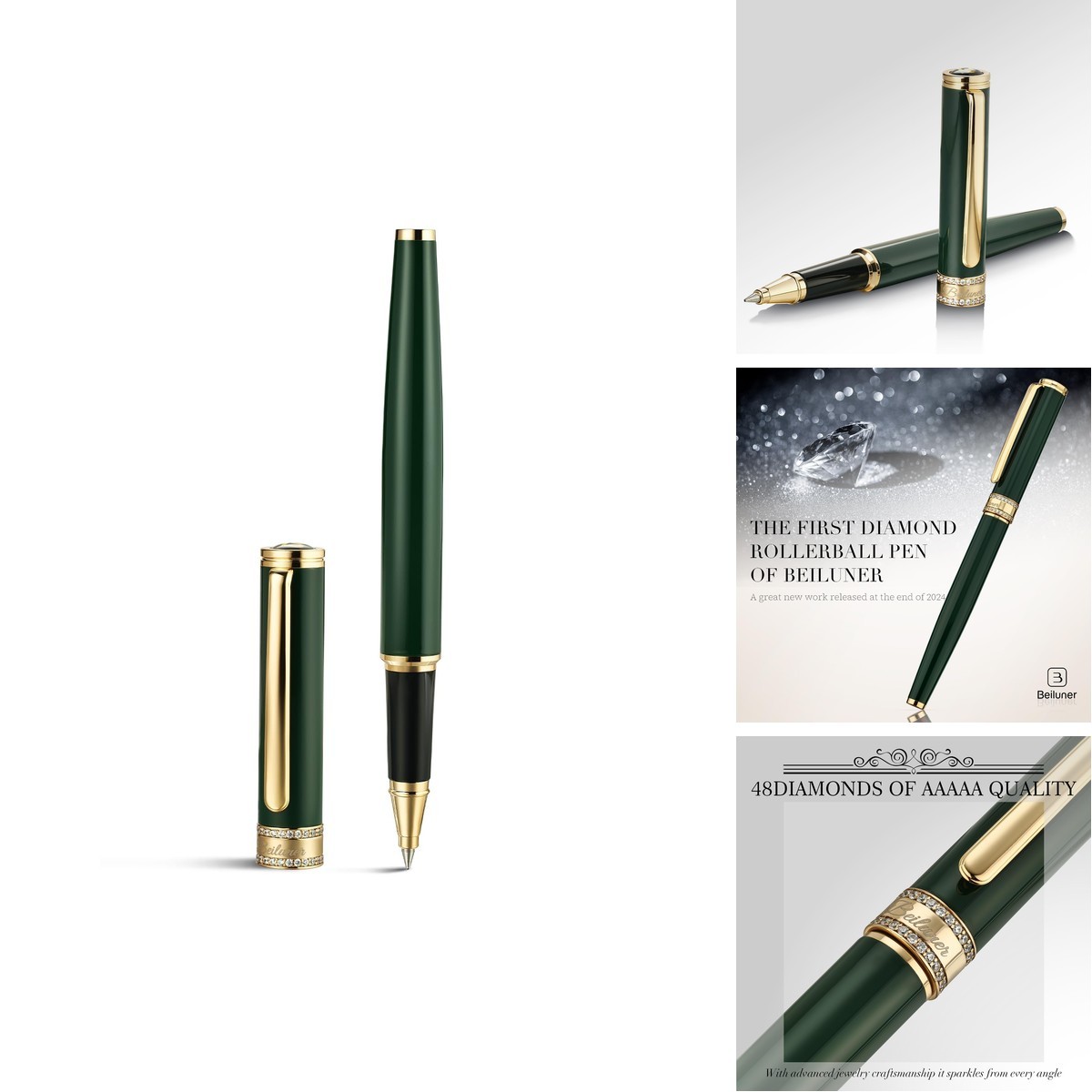 BEILUNER Green Lacquer Rollerball Pen, Diamond-Studded Cap Design, 24K Gold BEILUNER Green Lacquer Rollerball Pen, Diamond-Studded Cap Design, 24K Gold