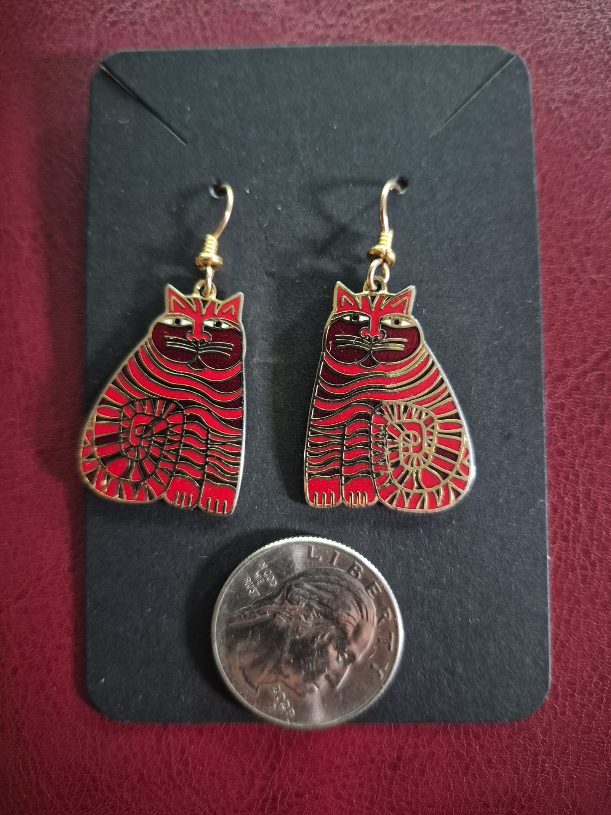 Shambala Cat Dangle Earrings by Laurel Burch Red and Gold Tone Shambala Cat Dangle Earrings by Laurel Burch Red and Gold Tone