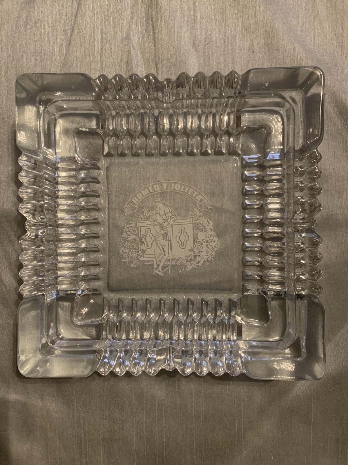 Vintage Romeo Y Julieta Clear Glass Square Ashtray Heavy Cut - Etched Logo Vintage Romeo Y Julieta Clear Glass Square Ashtray Heavy Cut - Etched Logo