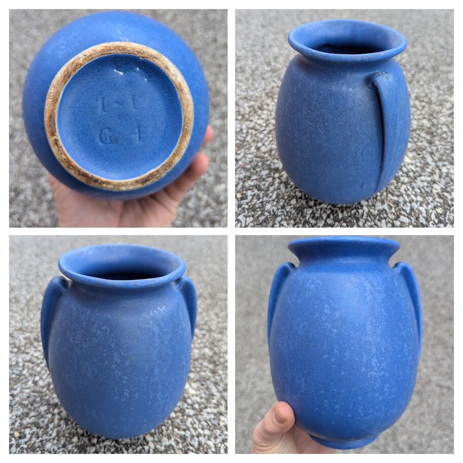 (c. 1940) Ohio George RumRill Pottery Blue Glazed Deco Ceramic Vase 7.25” x 5\