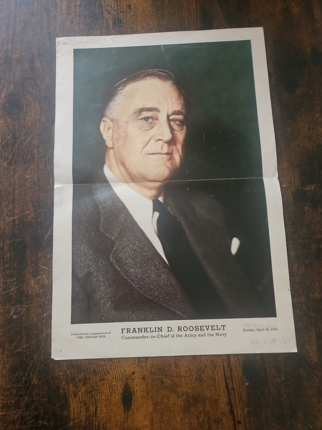 1942 Franklin D. Roosevelt 10x15 Magazine Portrait World War II 2 Chicago Sun 