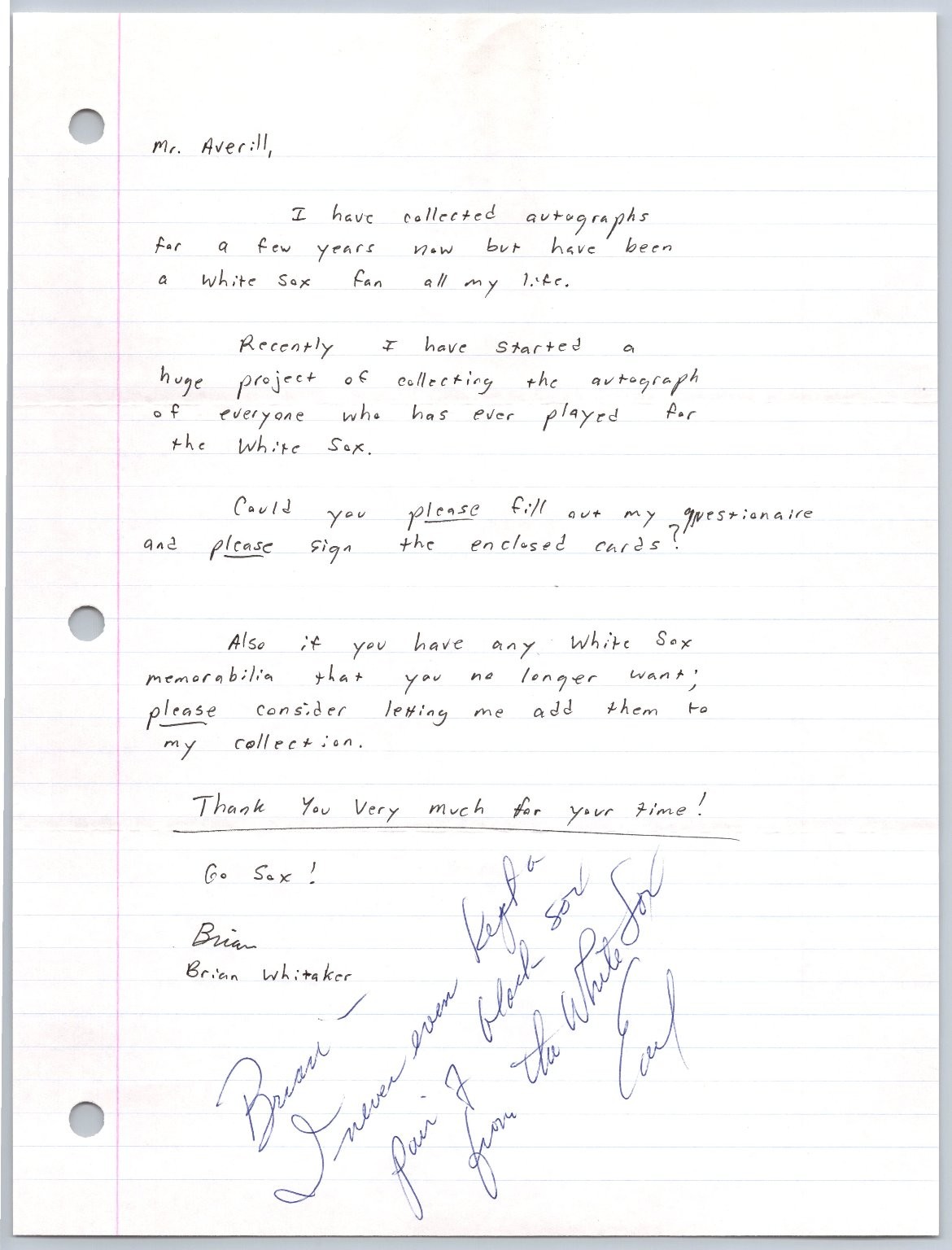 White Sox Fan Letter Signed Earl Averill Inscription Autograph