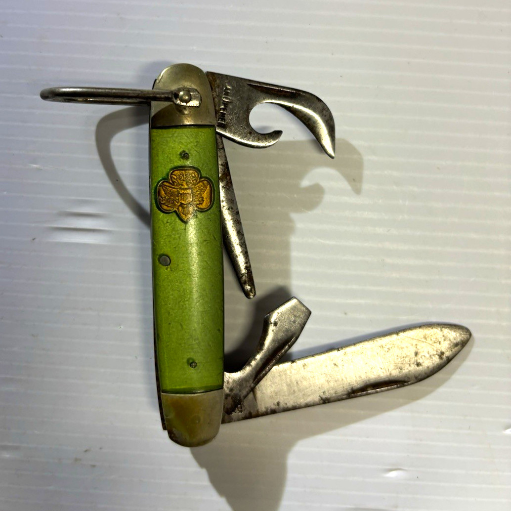 Antique Girl Scout Green/Silver Metal Multi-Tool Straight Knife & Can Opener